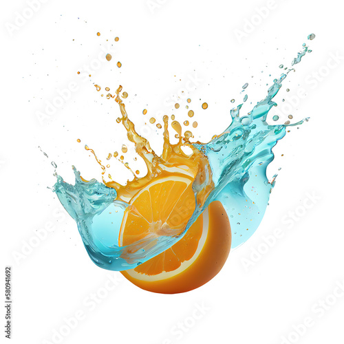an illustration of an orange with a dynamic water splash on transparent background. generative ai © EOL STUDIOS