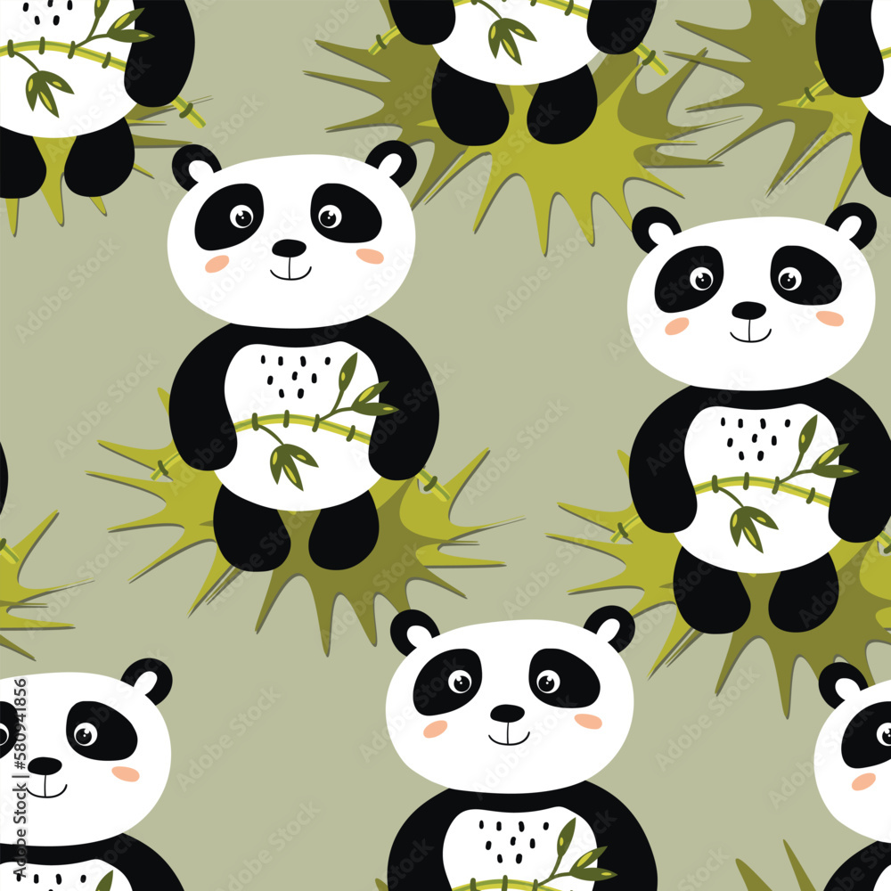 Seamless pattern with cute panda baby on color background. Funny asian animals. Card, postcards for kids. Flat vector illustration for fabric, textile, wallpaper, poster, gift wrapping paper Seamless pattern with cute panda baby on color background. Funny asian animals. Card, postcards for kids. Flat vector illustration for fabric, textile, wallpaper, poster, gift wrapping paper