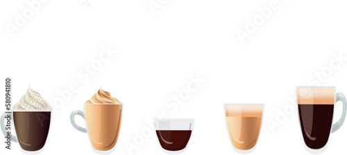 Coffee cups. Hot delicious drinks in transparent glasses beverage foam in mug espresso mocha americano coffee decent vector realistic template