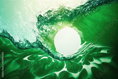 Background of an abstract summer banner rippled and splashed transparent green clear water surface texture. Water wave in sunlight, copy space, top view Cosmetics Micellar toner and moisturizer emulsi