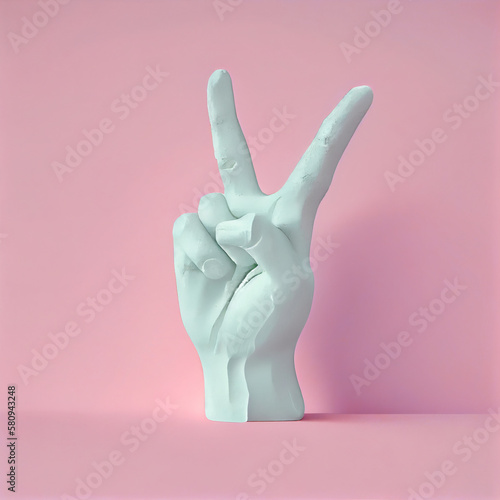Hand made of plaster showing victory sign - pink background - generative ai
