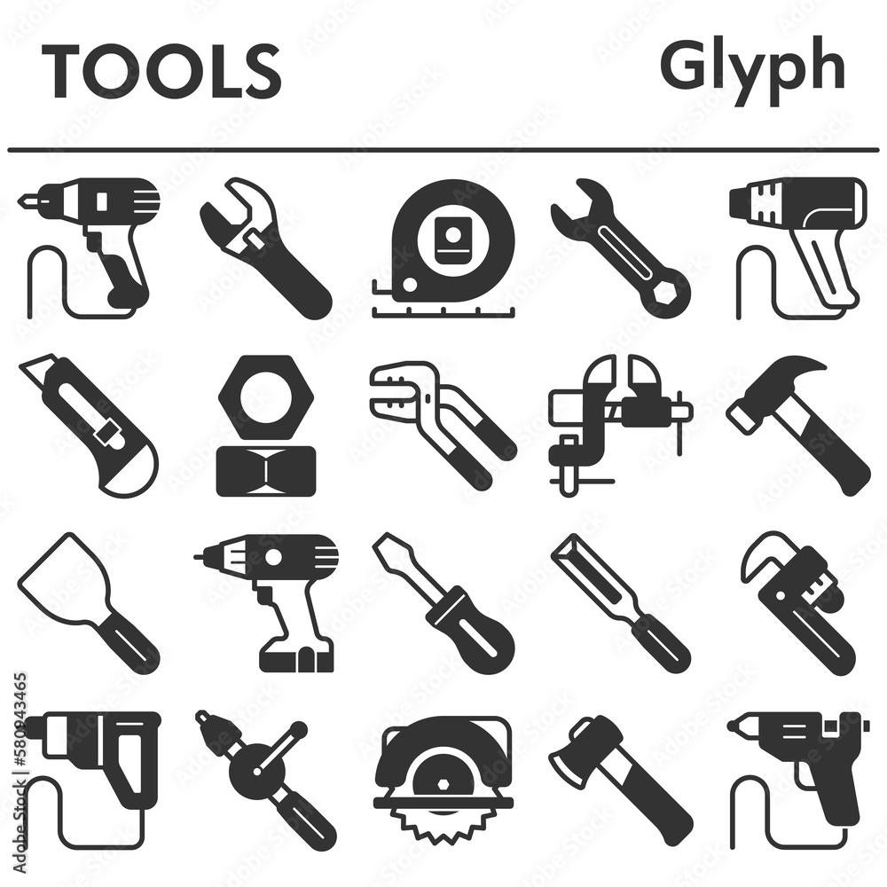 Set, tools icons set - icon, illustration on white background, glyph style Set, tools icons set - icon, illustration on white background, glyph style