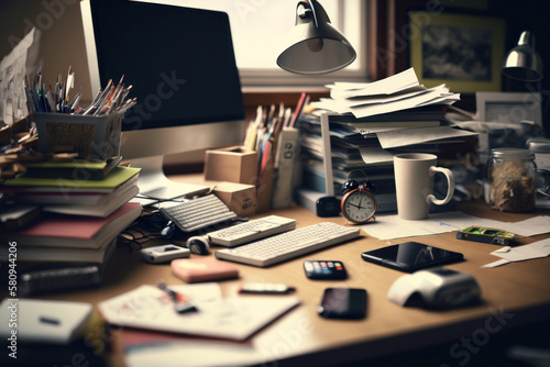 messy work desk, Generative AI © HiroSund