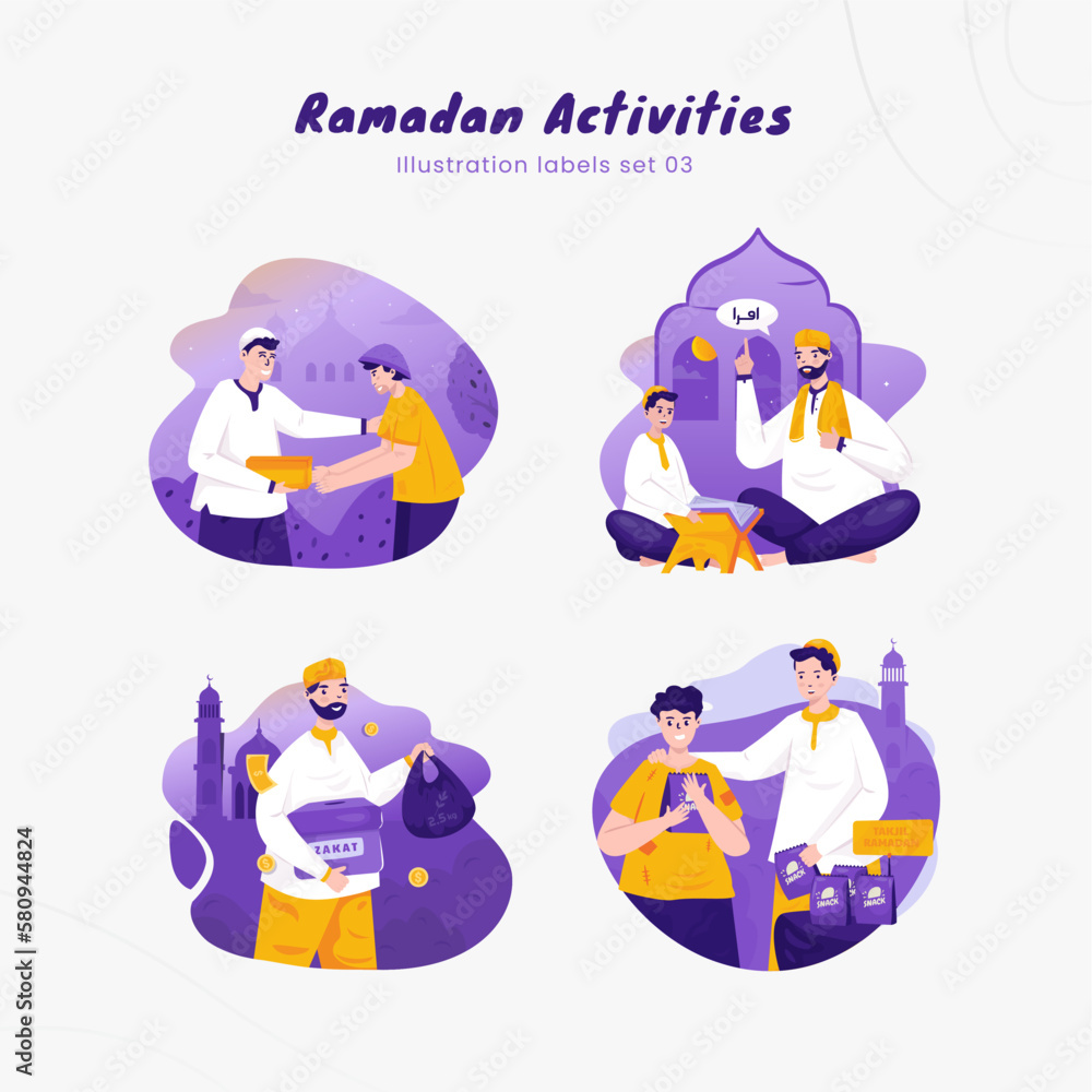 Islamic Ramadan activities labels set