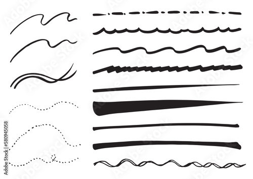 黒インクの様々なペンでラフに書いた線のセット photo