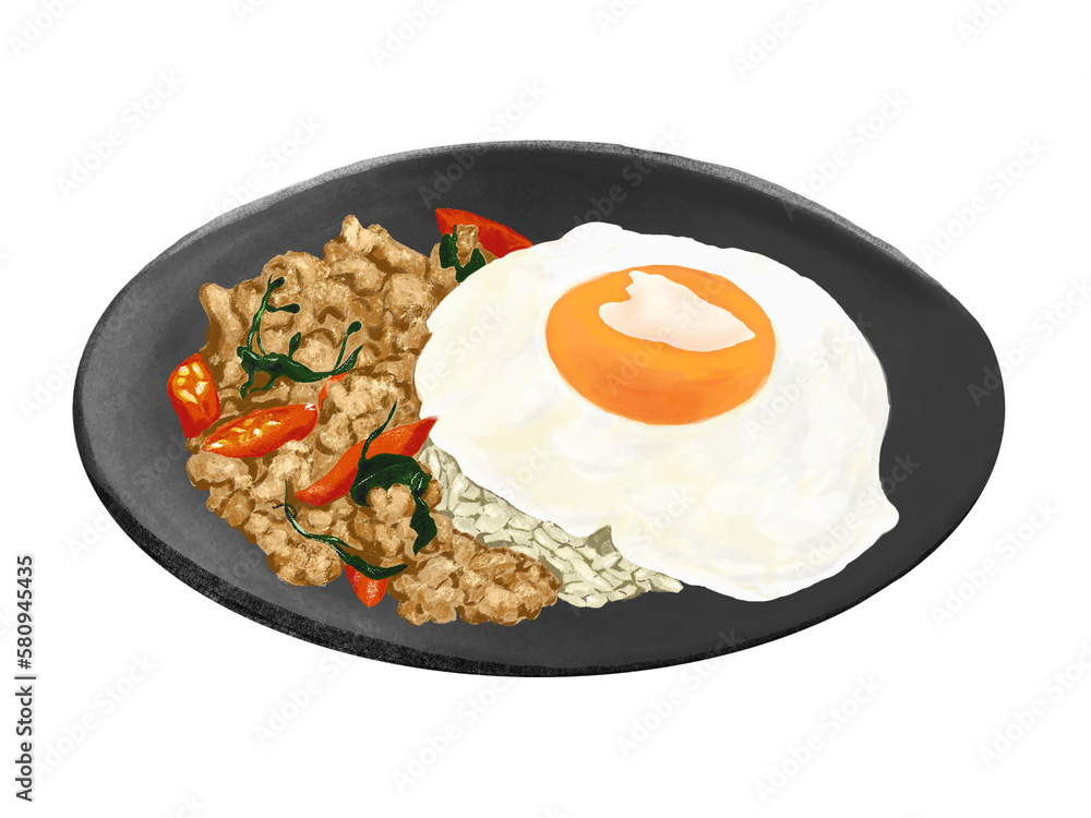 Pad Kra Pao | Thai Food digital illustration rice with egg Pad Kra Pao | Thai Food digital illustration rice with egg