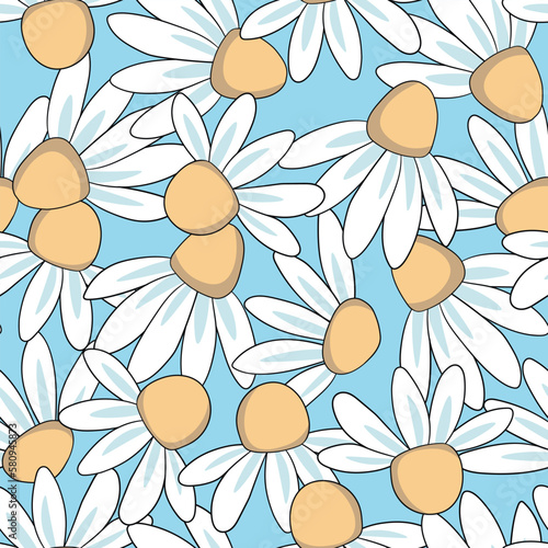 Seamless floral pattern based on traditional folk art ornaments. Colorful chamomile, daisy flowers on color background. Scandinavian style. Vector illustration. Simple minimalistic pattern