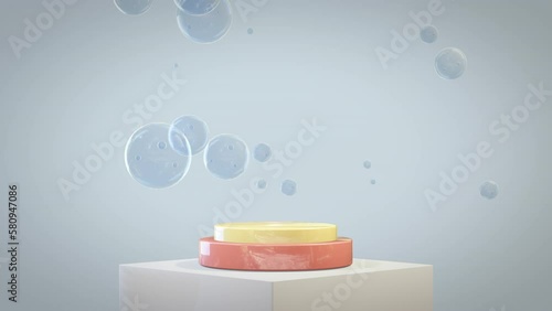Advertising table for virtual product with soap bubbles floating photo