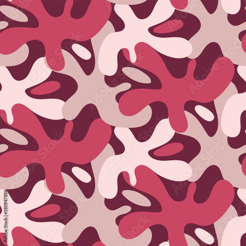 Abstract seamless pattern with various elements in the form of paint blots. Chaotic vector texture with ink shapes. Printing on textiles and paper. Background masking pink