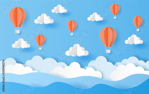 Paper art style of hot air balloons with cloud on blue sky. Vector illustration