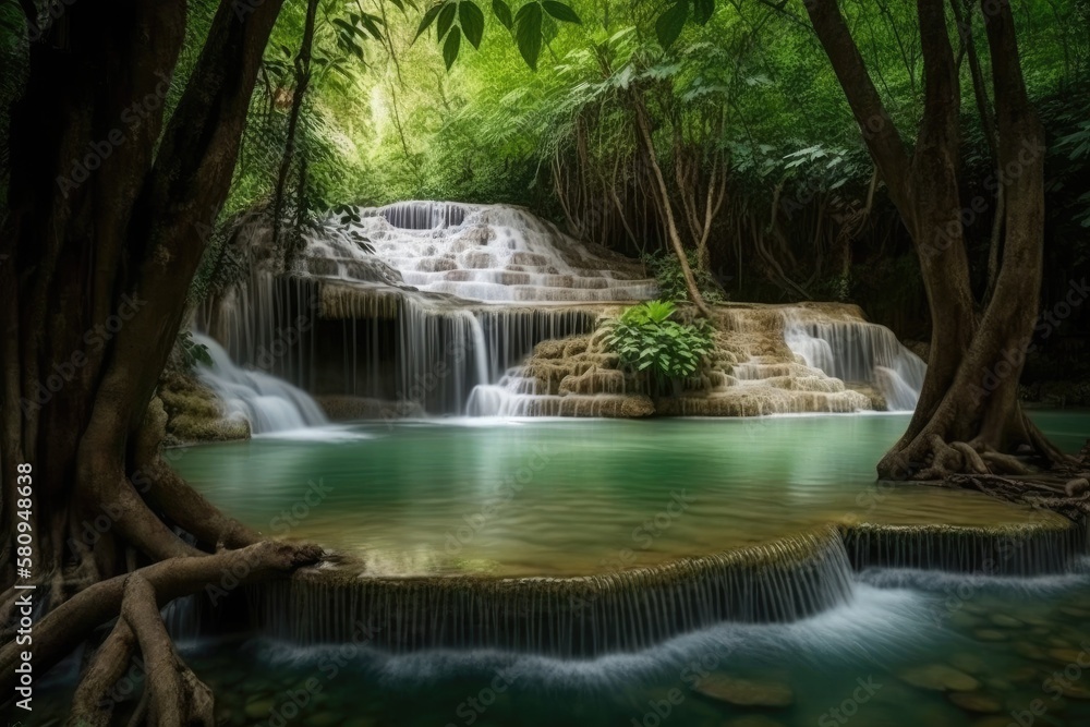 Kanchanaburi's level 1 Erawan national park has a waterfall. Generative AI Kanchanaburi's level 1 Erawan national park has a waterfall. Generative AI