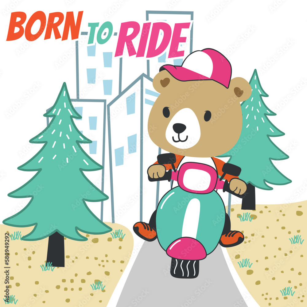 Vector illustration of cute bear Riding Scooter. Can be used for t-shirt printing, children wear fashion designs, baby shower invitation cards and other decoration. Vector illustration of cute bear Riding Scooter. Can be used for t-shirt printing, children wear fashion designs, baby shower invitation cards and other decoration.
