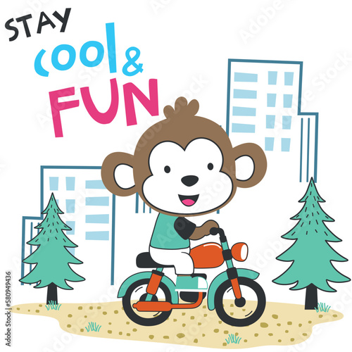 Vector illustration of cute little monkey ride motorcycle. Creative vector childish background for fabric, textile, nursery wallpaper, poster, card, brochure. and other decoration.