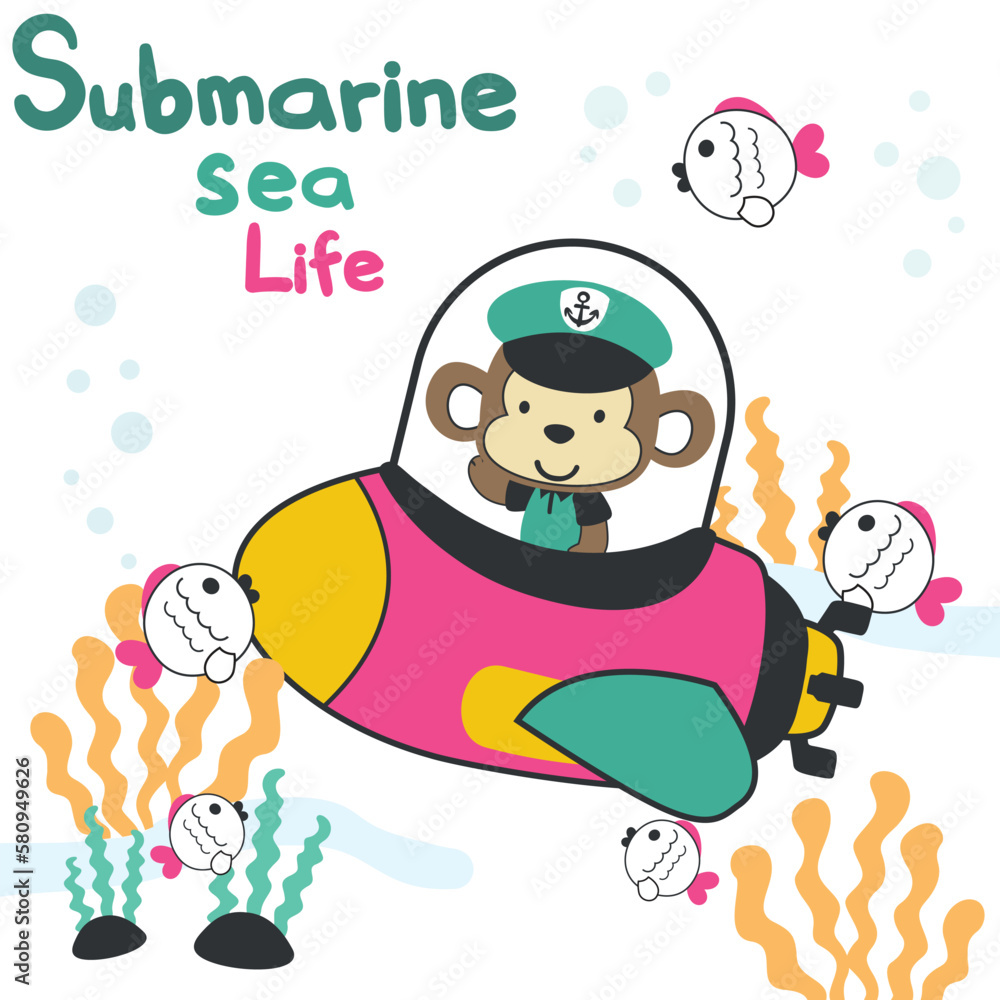 Naklejka premium Diving with funny monkey driving submarine. Creative vector childish background for fabric, textile, nursery wallpaper, poster, card, brochure. vector illustration background.