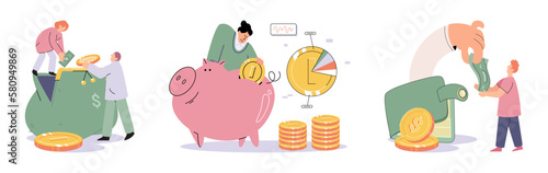 Successful businessman hold piggybank collect dollar coins for good financial investment. Happy person receive profit or income in piggy bank from savings. Invest, finance concept. Personal budget