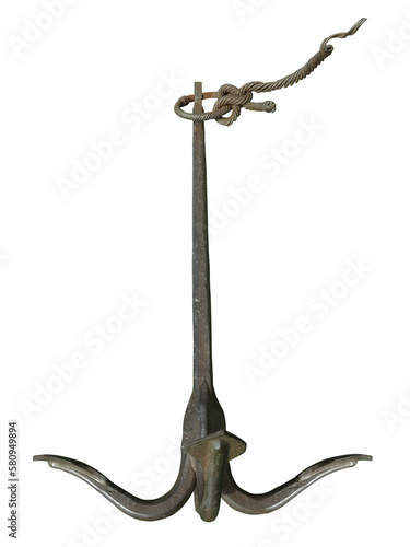 Iron black old rusty naval anchor isolated over white background