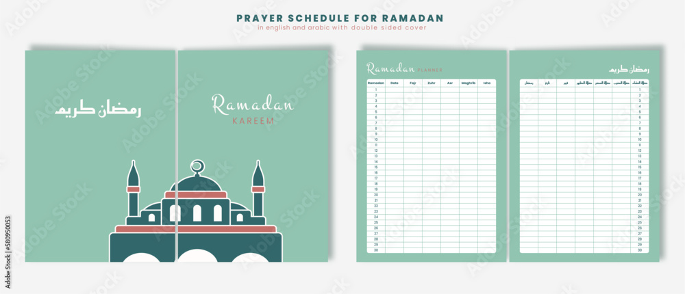 Fototapeta premium Ramadan prayer schedule in English and Arabic with illustration of arabic mosque. Vector minimal design in format A4 for brochure ready for print