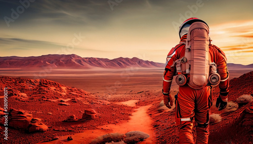 Astronaut on journey to explore red planet Mars landscape. Cinematic Shot with dense atmosphere, space exploration by Nasa astronauts, by generative AI
