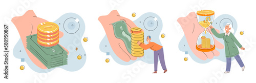 Businessman investor with coins. Employee or entrepreneur puts money in piles, calculates profit. Financial literacy and passive income, successful investor. Person stands holding bag of money