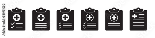 Medical history icon, medical report symbol. Health care clipboard icon. Medical card icon.