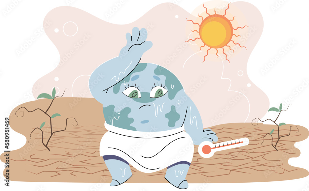 Obraz premium Poorly globe sits on dry ground under hot sun with thermometer. Cartoon earth global warming concept. Planet is overheating, Environmental problem due to climate change. Natural disasters cataclysms