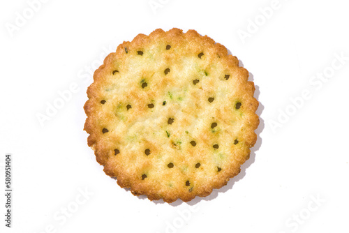 single of round thin crispy biscuit isolated on white background.