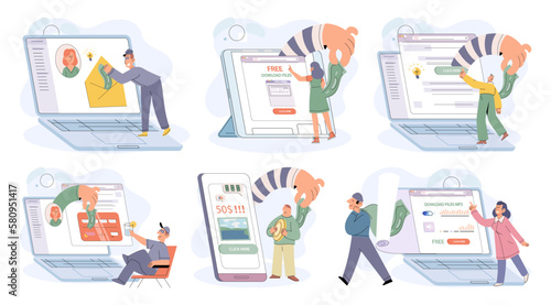 Hackers and cybercriminals scenes set, phishing, theft of identity, credentials, password, bank document, email and credit card. Internet fraud concept. Privacy, information security. Online scam