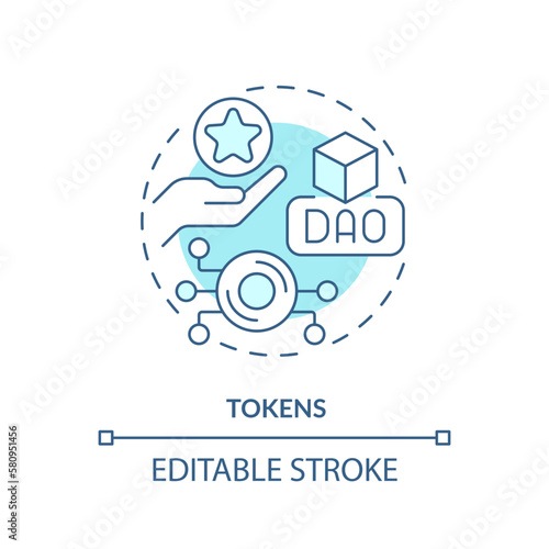 Tokens turquoise concept icon. Rewards for active network users. DAO element abstract idea thin line illustration. Isolated outline drawing. Editable stroke. Arial, Myriad Pro-Bold fonts used