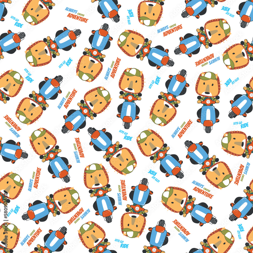 Fototapeta premium Cartoon seamless pattern of cute lion riding Scooter . Can be used for t-shirt printing, children wear fashion designs and other decoration.