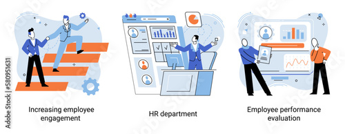 HR department work scenes set, qualified employee responsible for formation of human resources in organization. Specialist engaged in selection, adaptation, dismissal, development of personnel