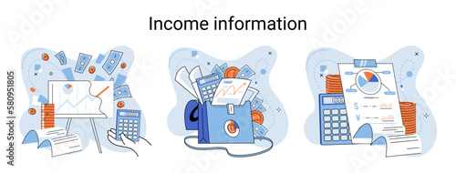 Income information vector set, business profitability indicator, entrepreneurial activity and accounting. Registration of claim form document, providing personal information, financial report for tax