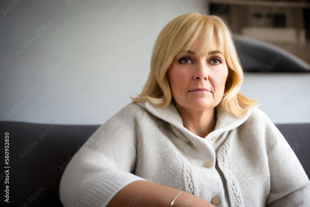 Depressed lonely fat woman in casual cloth sitting on couch at home. Generative ai Depressed lonely fat woman in casual cloth sitting on couch at home. Generative ai