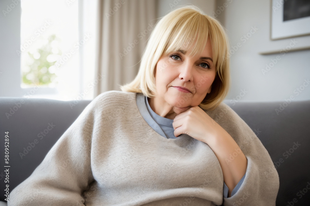 Depressed lonely fat woman in casual cloth sitting on couch at home. Generative ai Depressed lonely fat woman in casual cloth sitting on couch at home. Generative ai