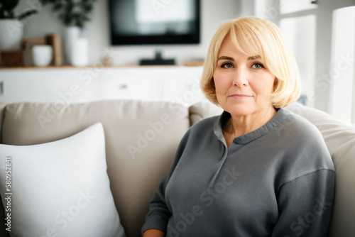 Depressed lonely fat woman in casual cloth sitting on couch at home. Generative ai