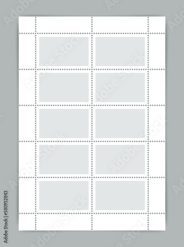 Empty sale coupons set. Collection paper postmarks. Postal stickers for mail letter. Collector post stamp template. Postage stamps set with perforated borders. Vector illustration.