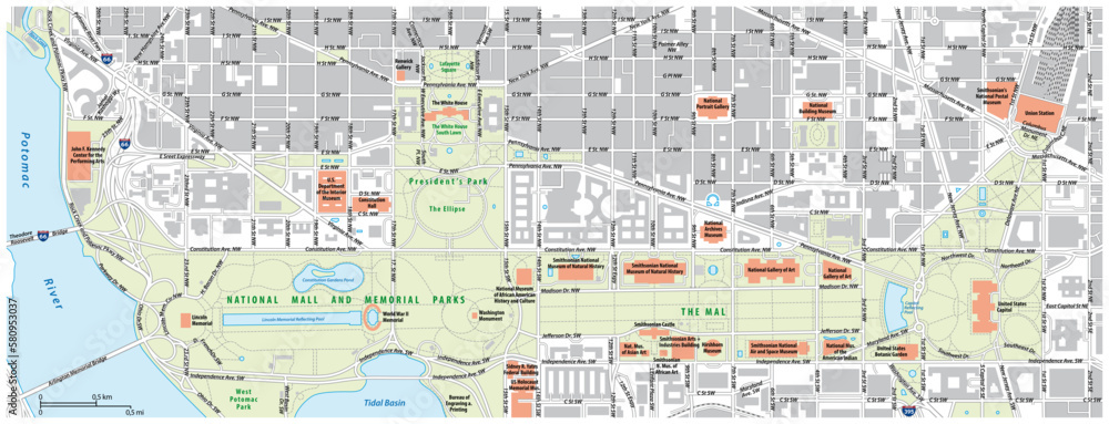 Road map of the National Mall in Washington DC, United States
