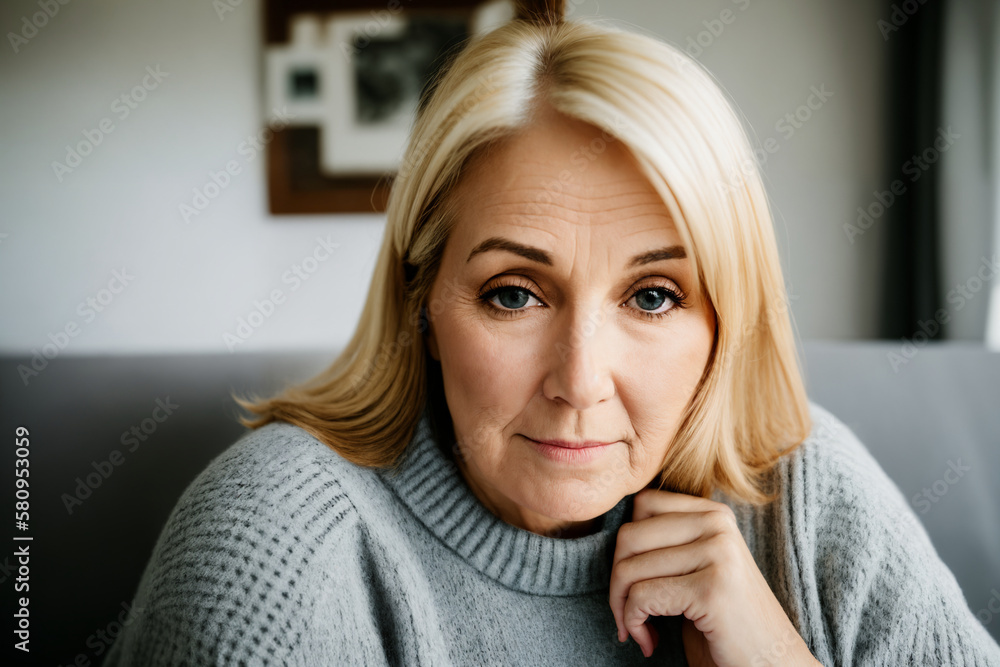 Depressed lonely fat woman in casual cloth sitting on couch at home. Generative ai Depressed lonely fat woman in casual cloth sitting on couch at home. Generative ai