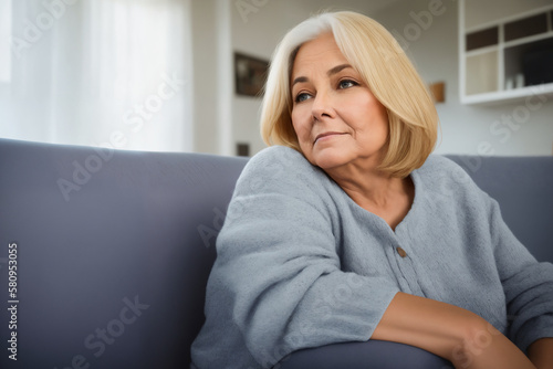 Depressed lonely fat woman in casual cloth sitting on couch at home. Generative ai