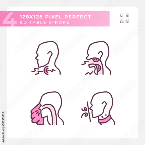 Throat diseases types pixel perfect RGB color linear icons set. Early diagnostics of dangerous problem. Hazard prevention. Isolated vector illustration. Simple filled line drawing. Editable stroke