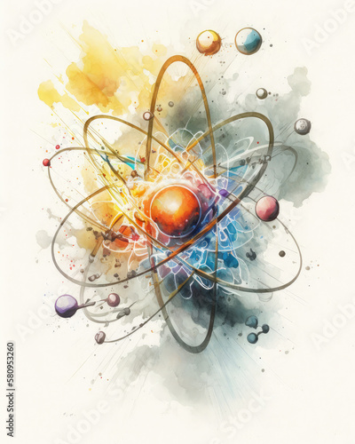 Atom watercolor illustration. Generative AI photo