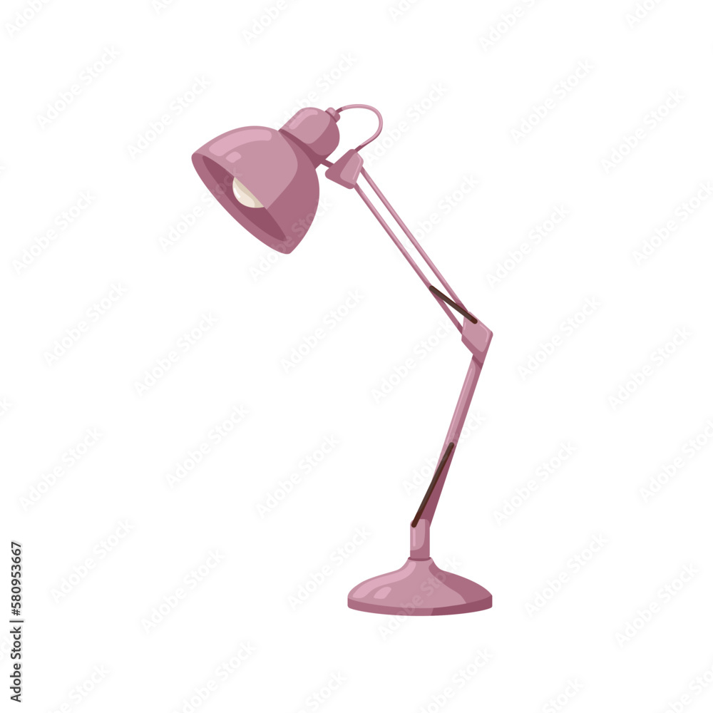 Table desk lamp, office desktop light design. Electric illumination equipment with lightbulb, adjustable metal leg and stand. Flat cartoon vector illustration isolated on white background Table desk lamp, office desktop light design. Electric illumination equipment with lightbulb, adjustable metal leg and stand. Flat cartoon vector illustration isolated on white background
