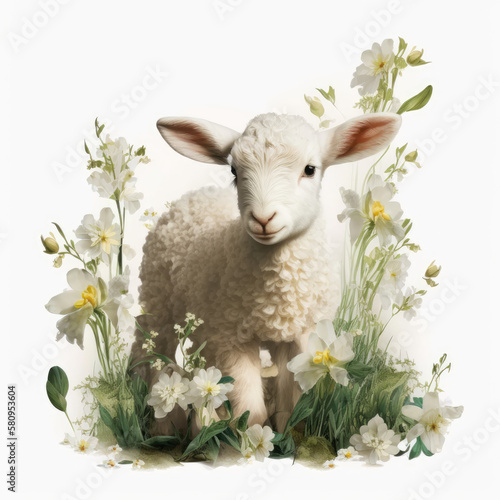 A lamb surrounded by Easter lilies. generative ai.