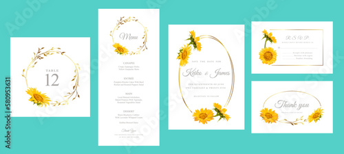 Set of vector wedding invitation cards template with sunflower