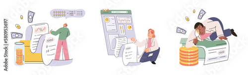 Budget plan concept. Evaluates income and expenses, analyzes investments and savings. Financial literacy and economics, accounting. Planning and distribution of money. Income and expenses report
