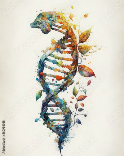 A dna molecule on a white background. Colorful watercolor abstract illustration, Generative AI photo