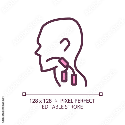 Lymph nodes pixel perfect RGB color linear icon. Swollen body parts in throat. Immune system issues symptoms. Thin line illustration. Contour symbol. Vector outline drawing. Editable stroke
