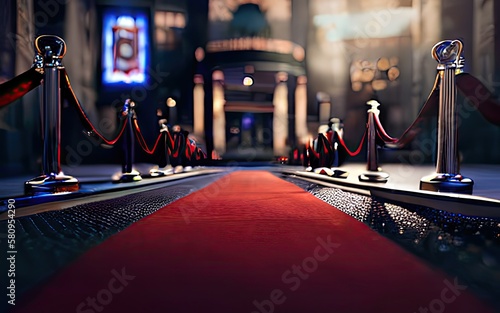 Ai Generated low angled, selective focus Image of Red Carpet, Award function or ceremony where celebrities walks to the award function or shows and pose for photoshoot where Photographers takes photos