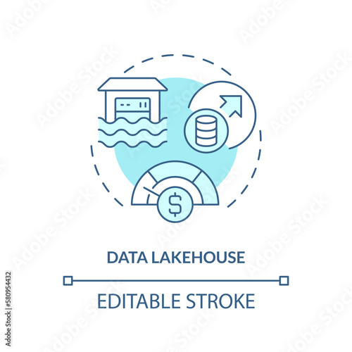 Data lakehouse turquoise concept icon. Lake, warehouse combination. Data repository abstract idea thin line illustration. Isolated outline drawing. Editable stroke. Arial, Myriad Pro-Bold fonts used