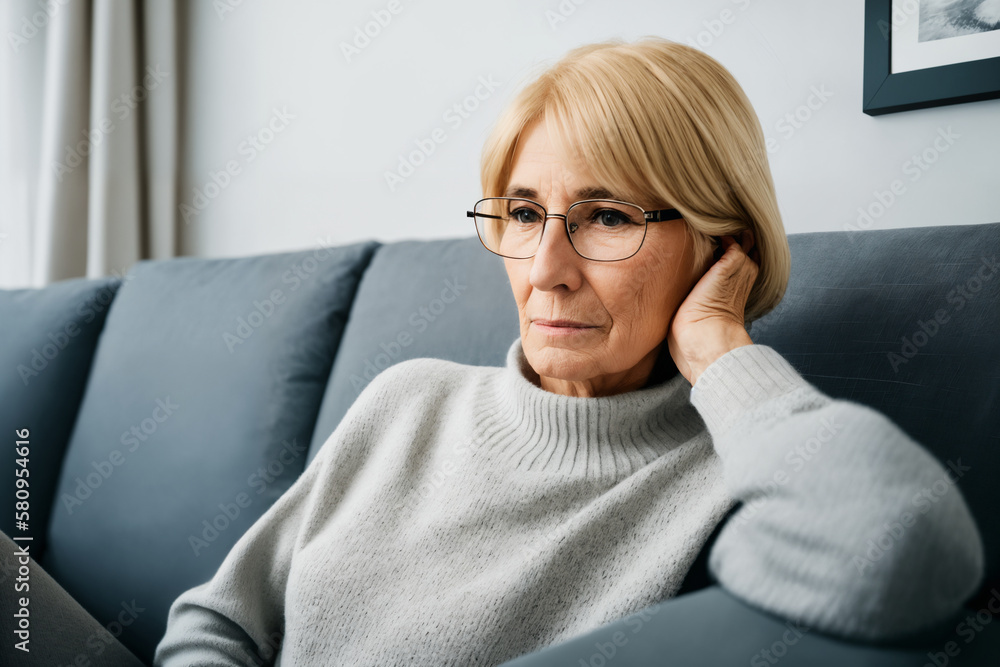 Sad tired ill sick lonely disappointed caucasian old elderly senior woman grandmother sitting on the sofa couch, feeling nostalgy, pain, missing grandchildren, bankruptcy, fraud at home. Generative ai Sad tired ill sick lonely disappointed caucasian old elderly senior woman grandmother sitting on the sofa couch, feeling nostalgy, pain, missing grandchildren, bankruptcy, fraud at home. Generative ai