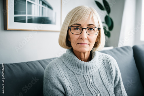 Sad tired ill sick lonely disappointed caucasian old elderly senior woman grandmother sitting on the sofa couch, feeling nostalgy, pain, missing grandchildren, bankruptcy, fraud at home. Generative ai